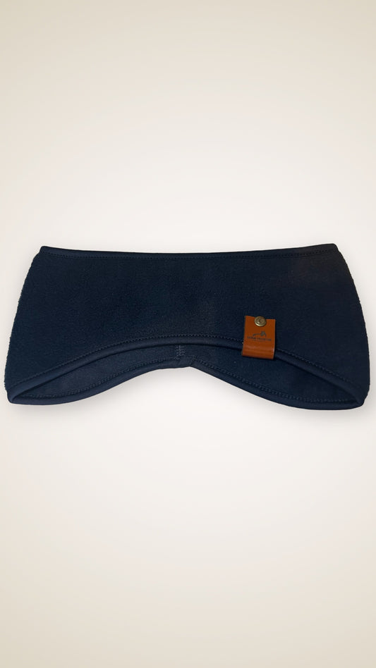 NAVY FLEECE HEADBAND-BROWN LEATHER TAG