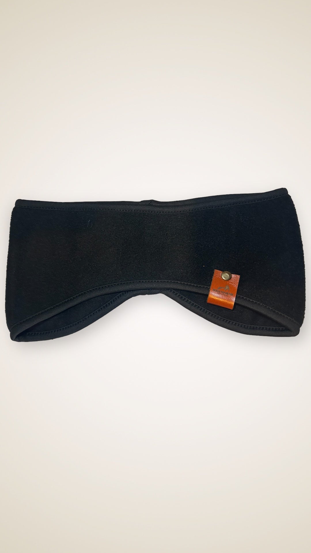 BLACK FLEECE HEADBAND-BROWN LEATHER TAG